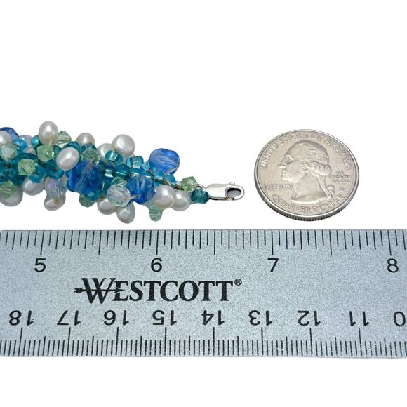 Vintage Sterling Silver 925 Freshwater Pearl Crystal Bead Bracelet 5.5"-6.75" - Picture 5 of 5